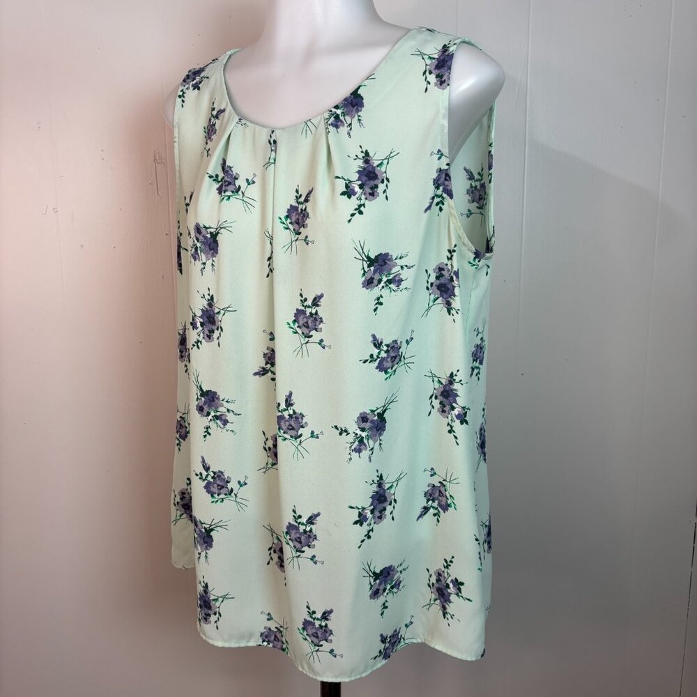 LOFT Tank Top Medium Mint Green Purple Floral Sheer Sleeveless Blouse Women's - Picture 4 of 13